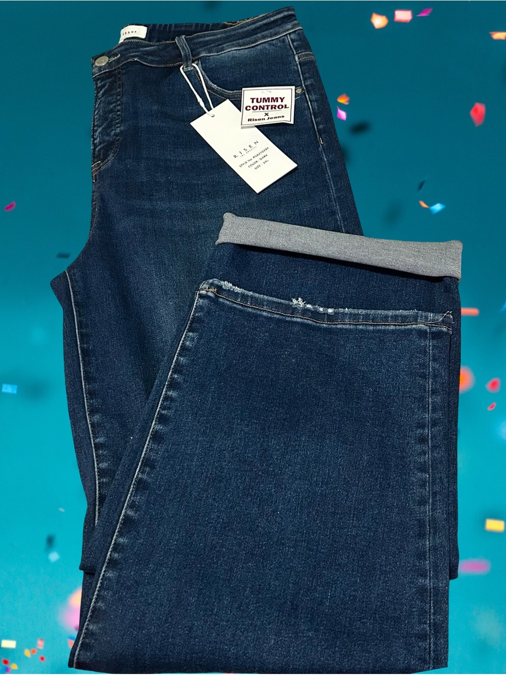 NWT! WOMENS RISEN HIGH RISE IN A DARK WASH WITH TUMMY CONTROL,DISTRESSED + SZ 2X